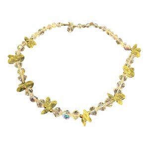 Vintage Crystal Beaded Necklace Yellow Glass Leaf Floral Design J23